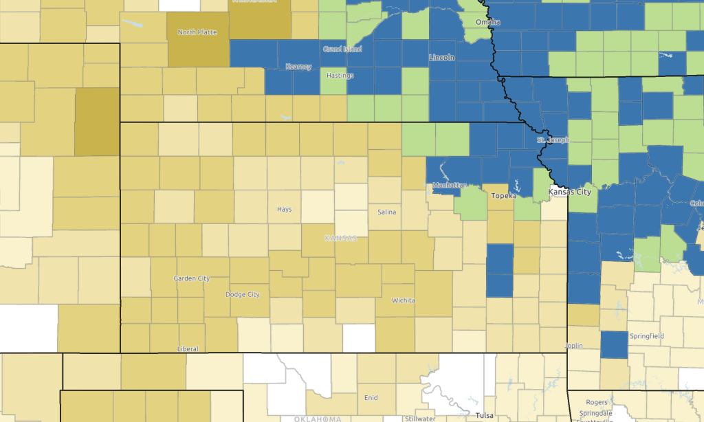 A map of Kansas showing corn production by county and the distribution of tar spot reports.